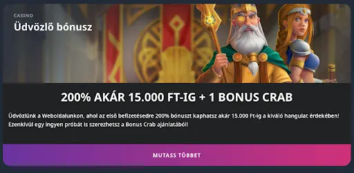 Kaszinó első befizetési bónusz 200% üdvözlő bónusz akár 15.000 Ft
