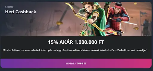 Cashback ajánlat online kaszinóban Heti 15% cashback bónusz
